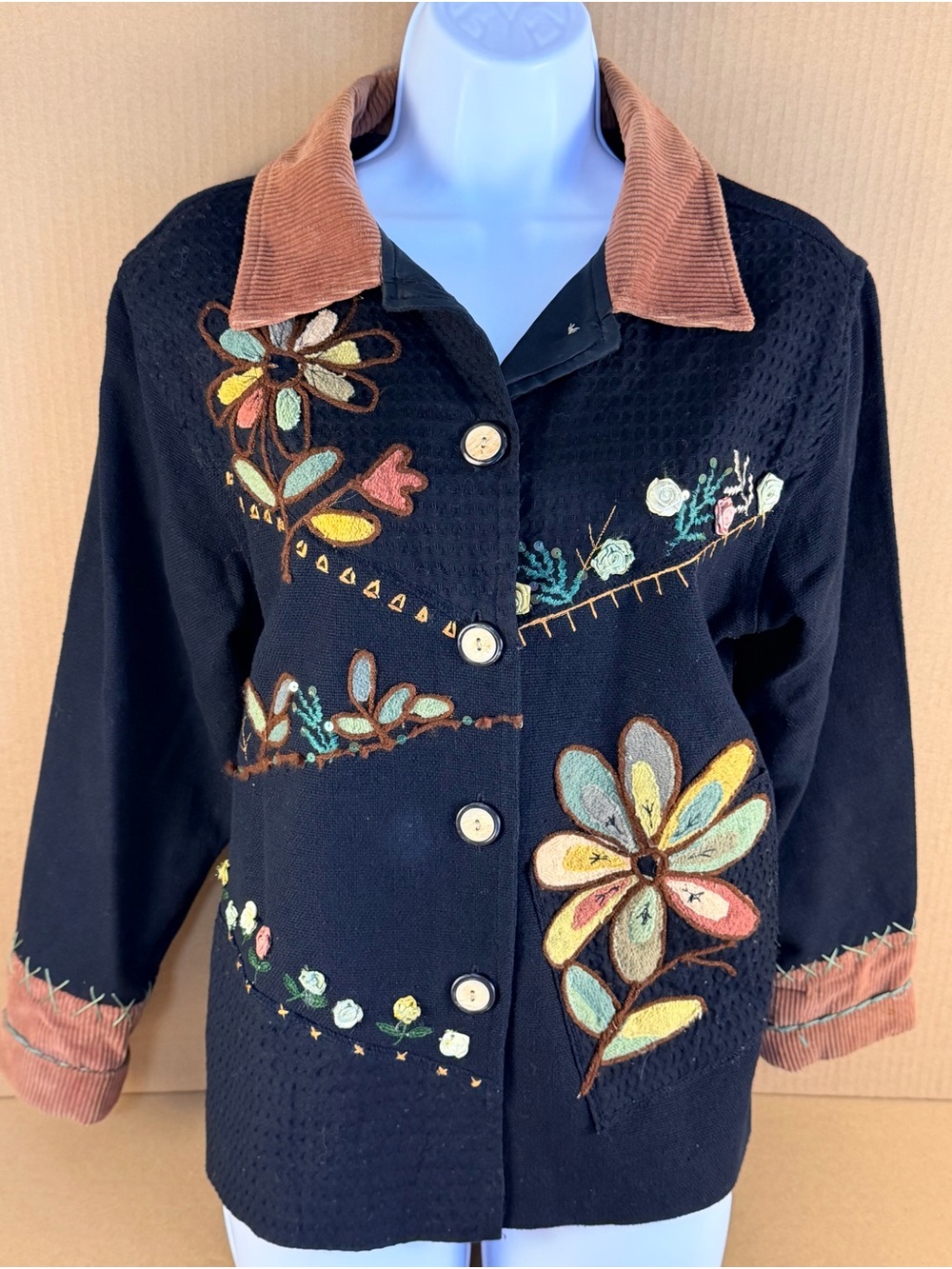 Parsley & Sage Black Embroidered Floral Jacket with Rust Corduroy Collar